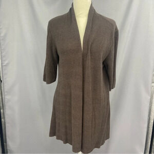 Eileen Fisher Chocolate Brown Open Front 1/2 Sleeve Silk Blend Cardigan Sweater